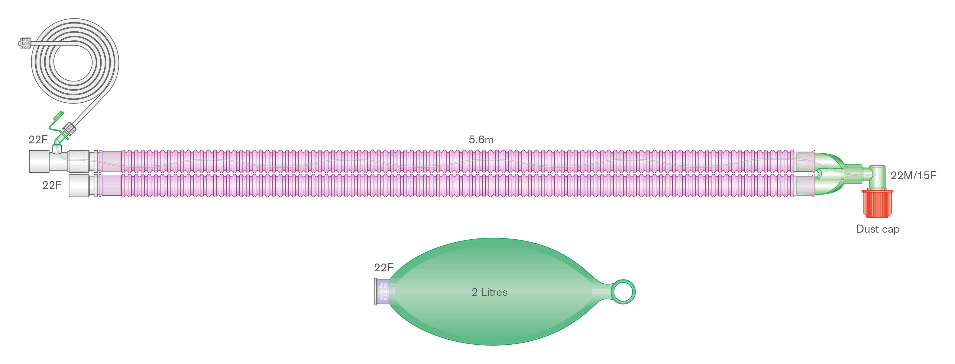 Circuit respiratoire 22mm Flextube antimicrobien Silver Knight avec ballon 2L et ligne de monitorage intégrée, ≥ 5.6m