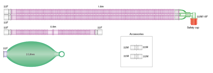 Circuit respiratoire Flextube™ 22mm antimicrobien Silver Knight™ avec ballon 2L et branche, ≥ 1.6m
