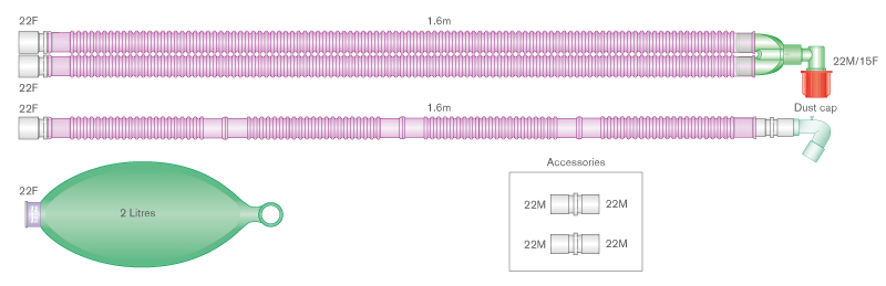 Circuit respiratoire Flextube™ 22mm antimicrobien Silver Knight™ avec raccord coudé, ballon réservoir 2L et branche, pour Aisys®, Avance®, et Aespire®, ≥ 1.6m