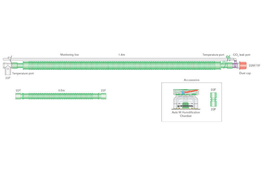 Circuit respiratoire 30mm Flextube pour VDNP, à fil chauffant, avec raccord patient à rotule, fuite intentionnelle, ligne de monitorage, chambre autoremplissage et branche supplémentaire, ≥ 1.6m