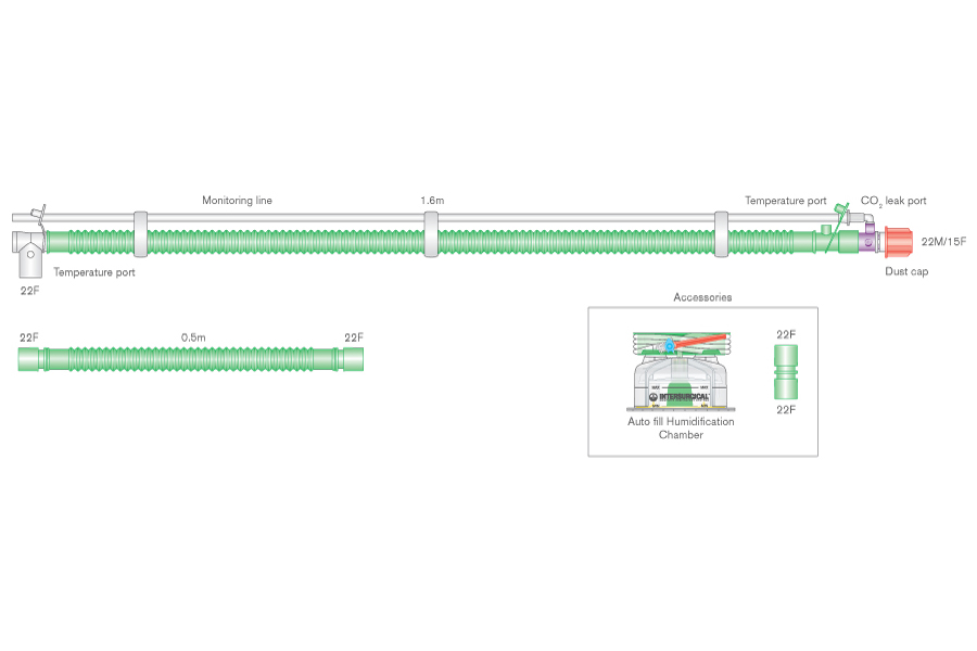 Circuit respiratoire 22mm Flextube pour VDNP, à fil chauffant, avec fuite intentionnelle, ligne de monitorage, chambre autoremplissage et branche supplémentaire. ≥ 1.6m