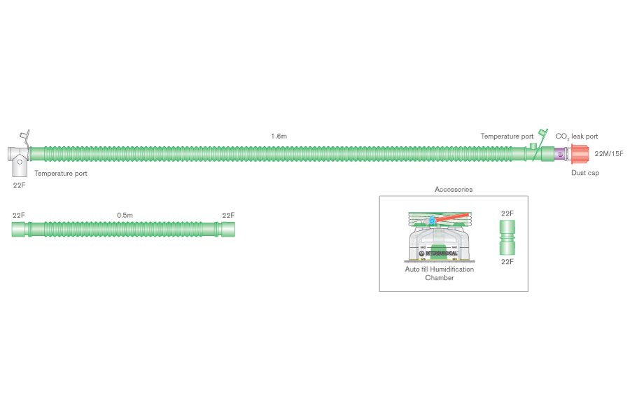 Circuit respiratoire 22mm Flextube pour VDNP, à fil chauffant, avec raccord patient à rotule, fuite intentionnelle, chambre autoremplissage et branche supplémentaire, ≥ 1.6m