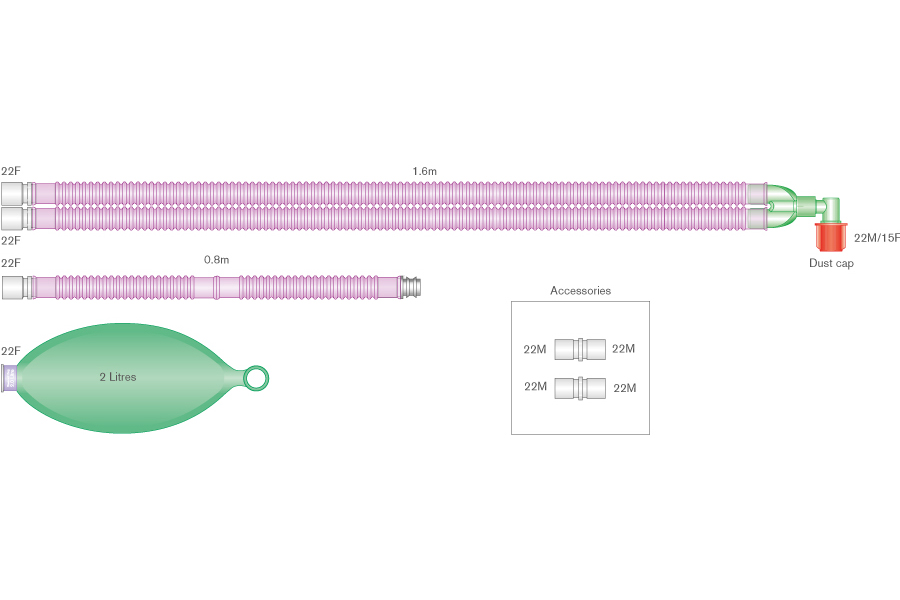 Circuit respiratoire annelé 22mm ADU Antimicrobien - Longueur 1.6m avec raccord coudé, ballon réservoir 2L et branche 1.2m