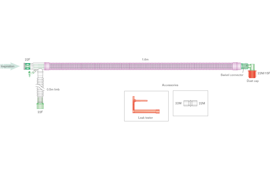 Circuit respiratoire Uniflow™ 30mm antimicrobien - Longueur 1.6m et branche de 0.5m + ligne de monitorage intégrée