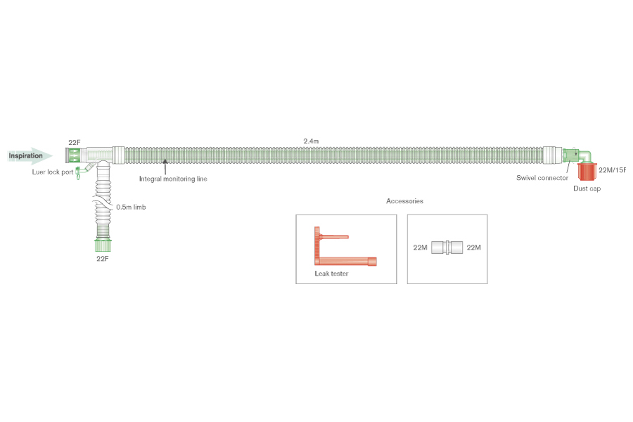 Circuit respiratoire coaxial UniFlow™ 30mm avec ligne de monitorage intégré, prise luer et raccord coudé, ≥ 2.4m