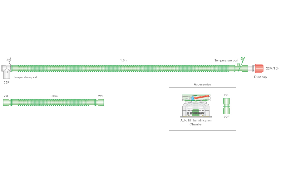 Circuit respiratoire 22mm Flextube pour VDNP, à fil chauffant, avec raccord patient à rotule, chambre autoremplissage et branche supplémentaire. ≥ 1.6m