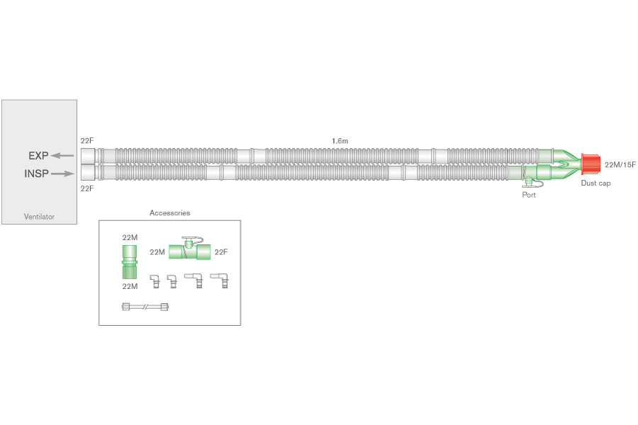 Circuit respiratoire Flextube 22mm avec adaptateurs pour administration de Monoxyde d'Azote (NO), ≥ 1.6m