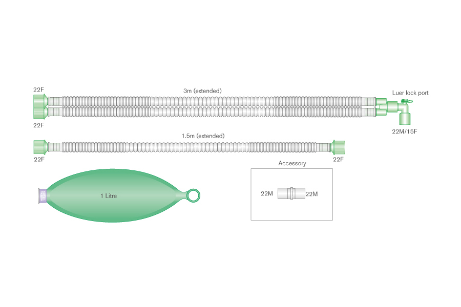 Circuit respiratoire extensible Compact 15mm avec ballon à tétine fermée 1L, raccord coudé luer et branche. ≥ 3m