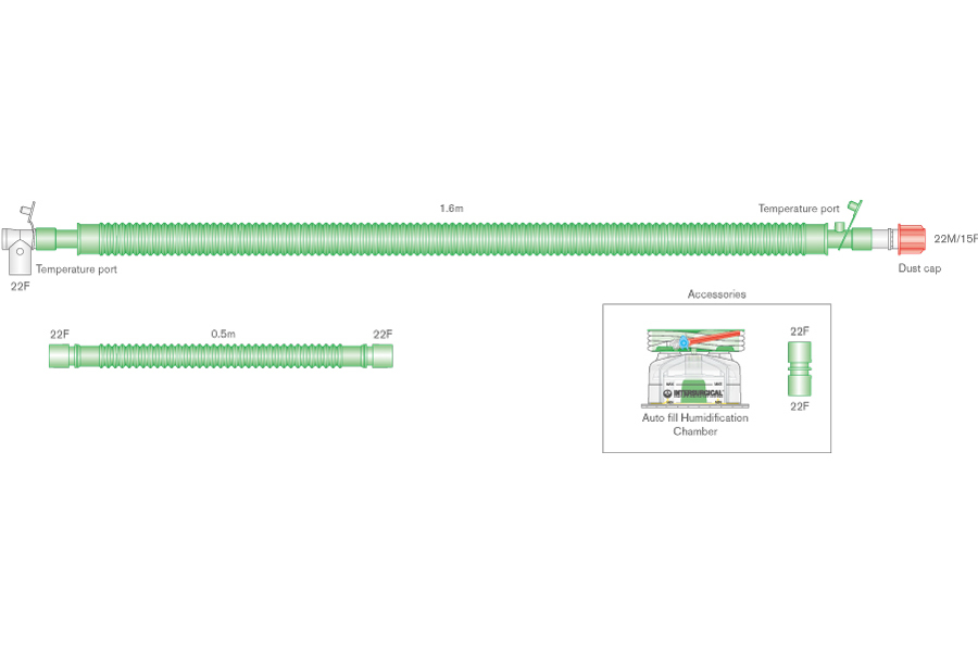 Circuit respiratoire 30mm Flextube pour VDNP, à fil chauffant, avec raccord patient à rotule, chambre autoremplissage et branche supplémentaire. ≥ 1.6m