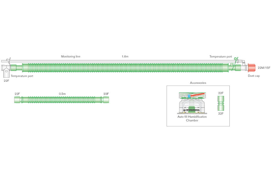 Circuit respiratoire 30mm Flextube pour VDNP, à fil chauffant, avec raccord patient à rotule, ligne de monitorage, chambre autoremplissage et branche supplémentaire. ≥ 1.6m