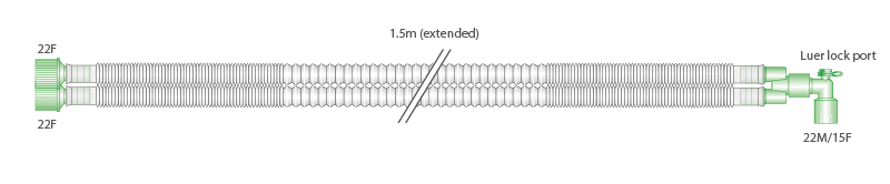 Circuit respiratoire extensible Compact 15mm avec raccord coudé luer. ≥ 1.5m