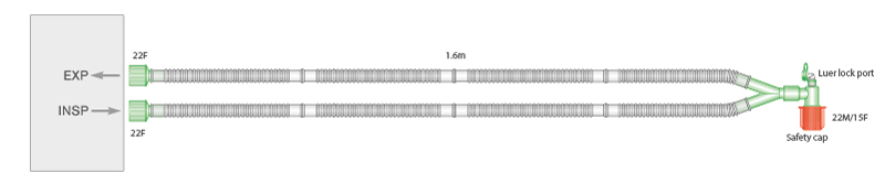 Circuit respiratoire d'anesthésie Flextube 15mm avec raccord coudé luer. ≥ 1.6m