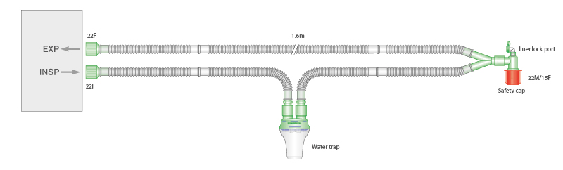 Circuit respiratoire d'anesthésie Flextube 15mm avec raccord coudé luer et piège à eau. ≥ 1.6m