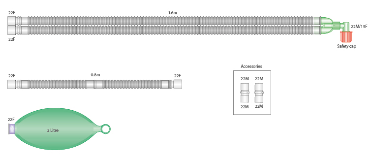 Circuit respiratoire Flextube™ 22mm avec ballon 2L et branche 0.8m, 1.6m
